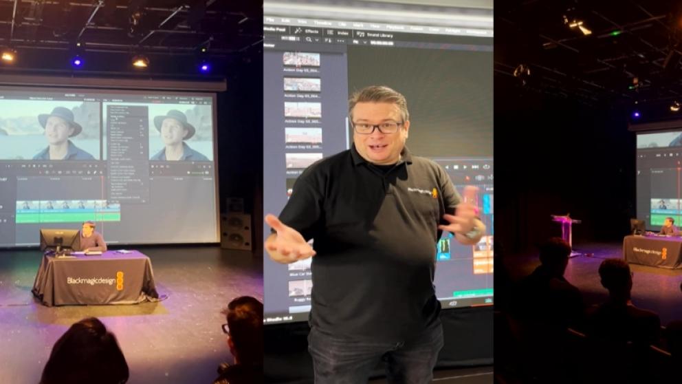 A banner of three images from the Blackmagic Design partnership day 