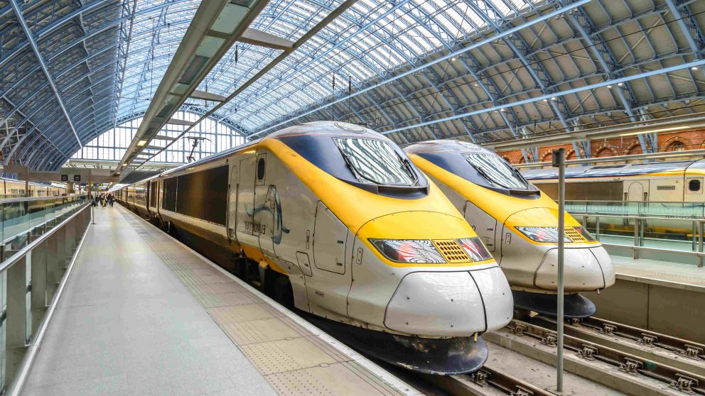 High-speed Eurostar train parked at the platform inside London's St Pancras International station