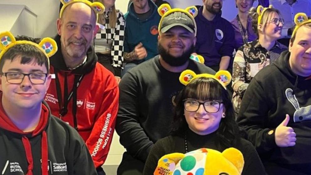 Students sat with Children in Need merchandise