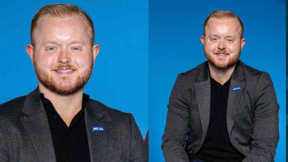 Image shows two pics of Travis wearing grey jacket and black shirt