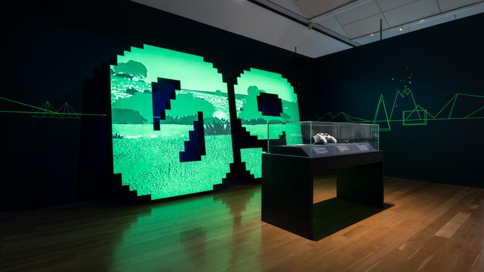 A gaming controller showcased in an gaming exhibit