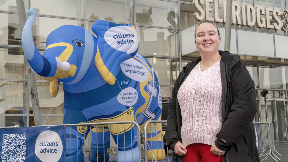 India Buxton stood next to a Citizens Advice campaign elephant