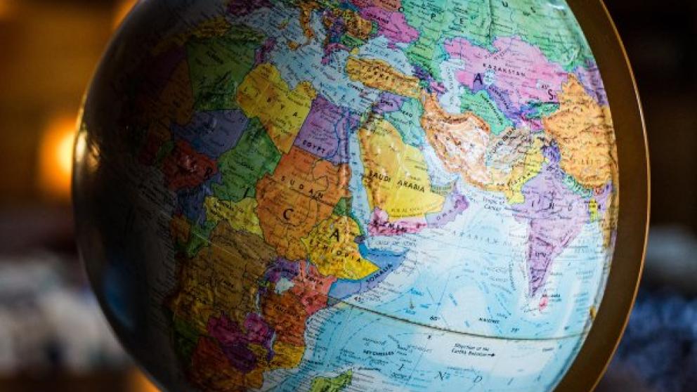 Close up of desktop globe showing Northern Africa, Europe and Asia
