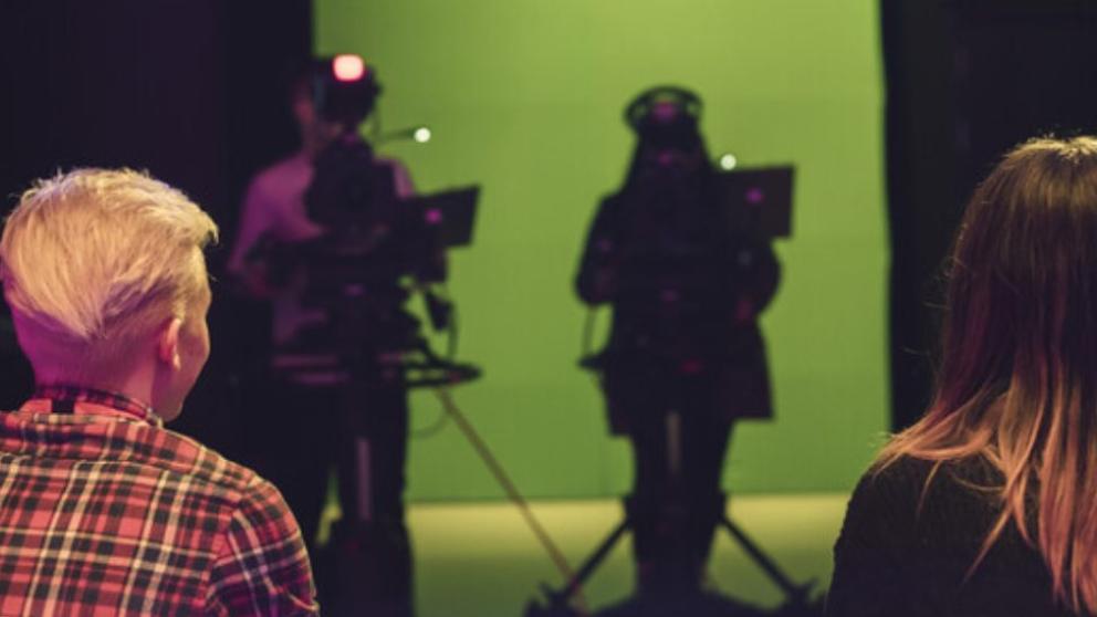 Journalism students using green screen facilities at MediaCity