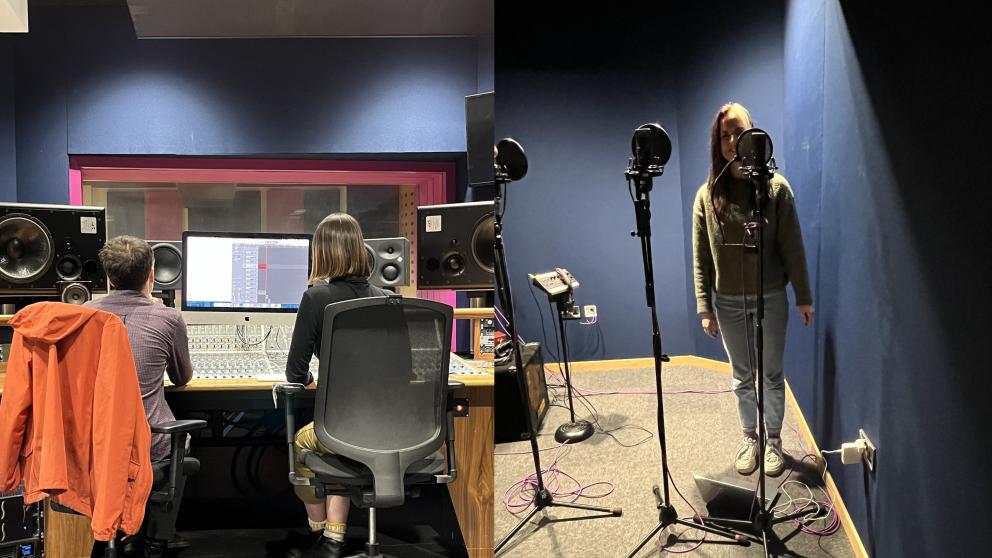Two people sit in a recording studio on the left and then one person is in a voice recording booth on the right