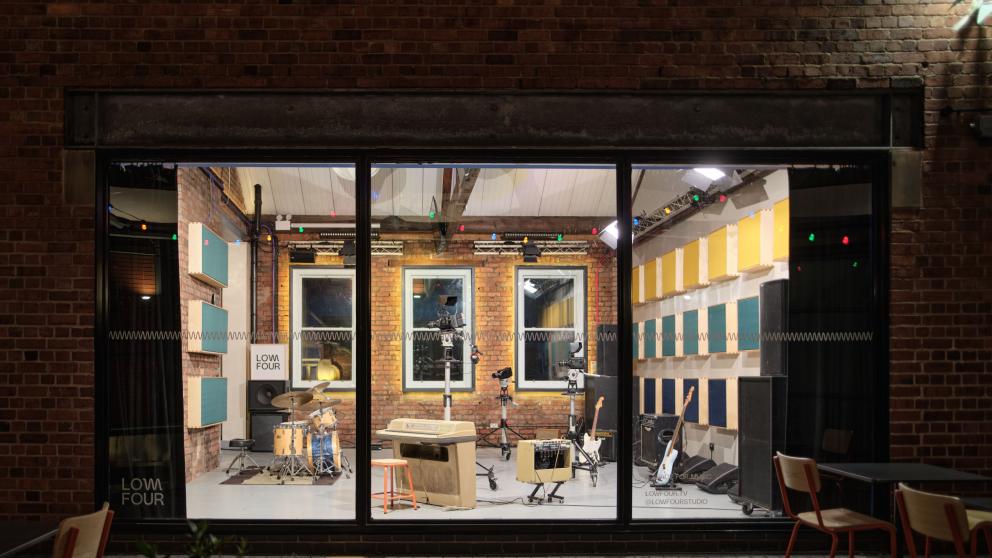 Live studio room with recording equipment at Low Four Studios