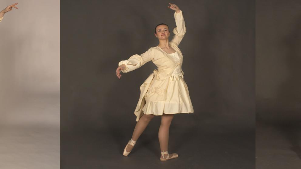Three separate images of a dancer in a pose in a white dress