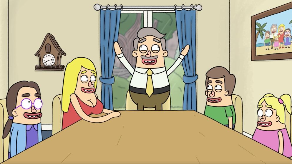 Five animated characters sit around a table in Nigel Leadfeather YouTube sensation