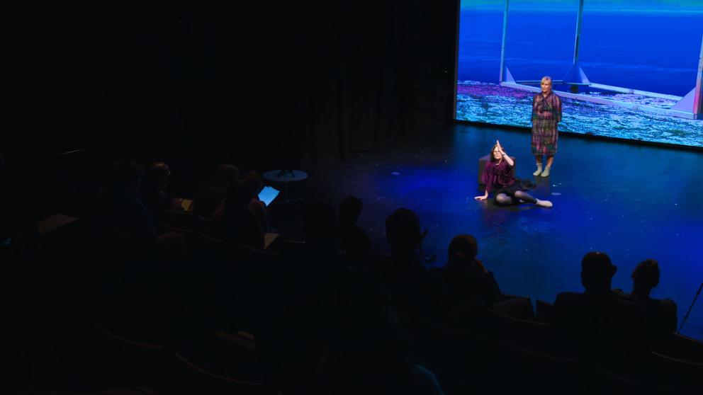 Two performers on stage in front of an audience in the Development Lab