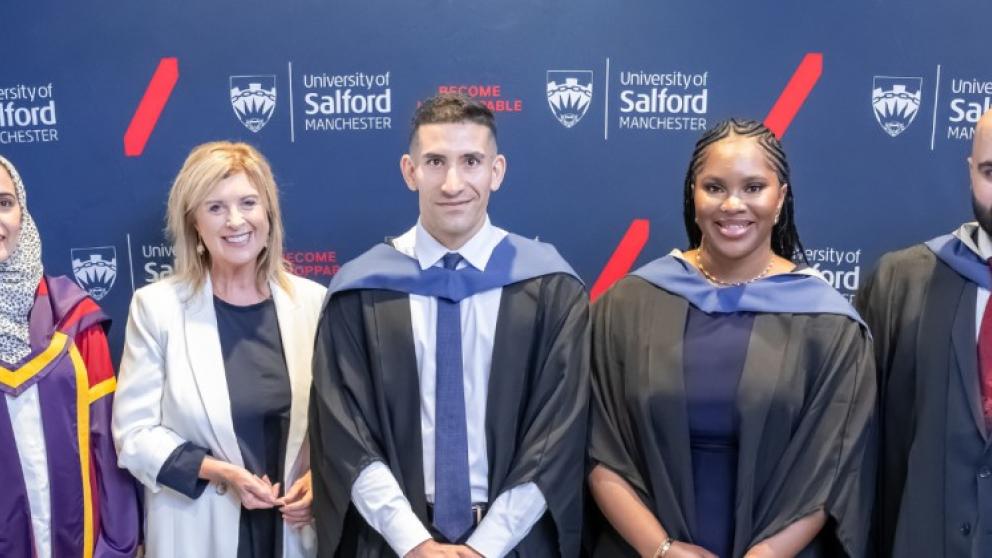 Four graduates stood along side chancellor Lucy Meacock and pro vice chancellor Jo Purves