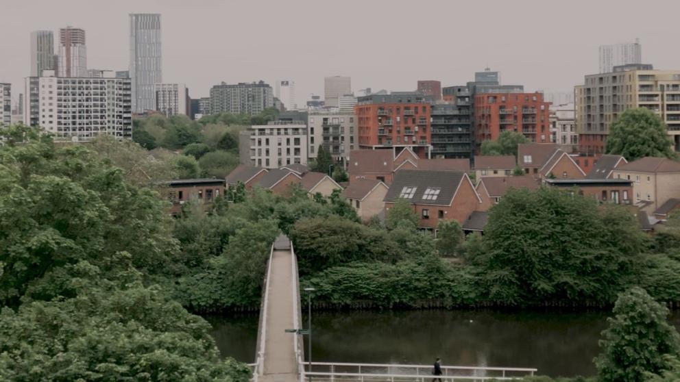 Peel Park footbridge over River Irwell