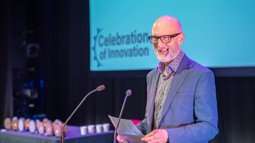 Professor Nic Beech on stage at the Celebration of Innovation Awards 2024