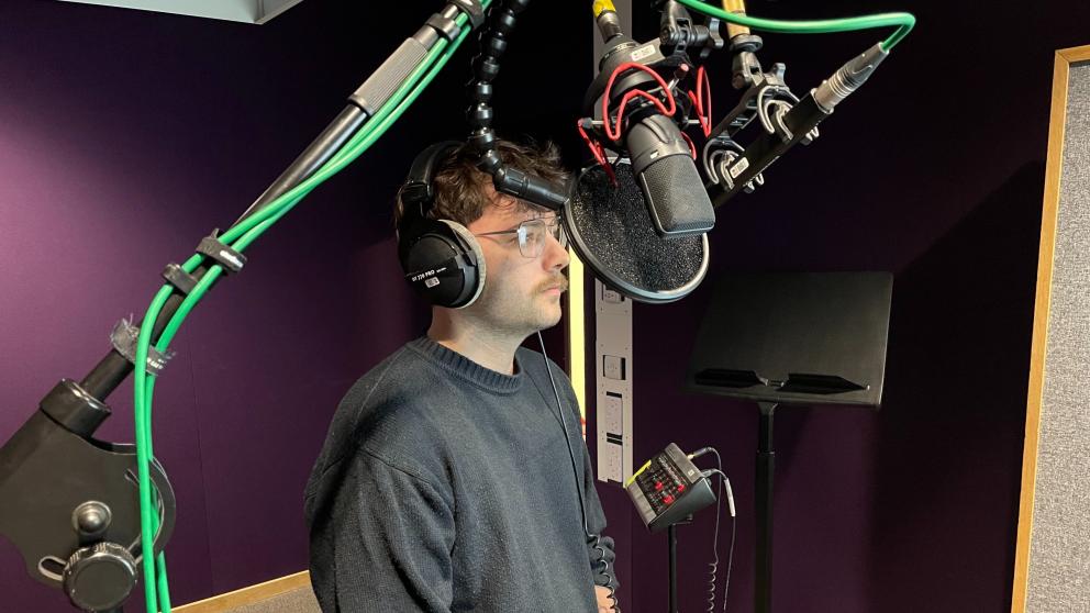 Jamie Peebles records dialogue for Squadron 42 in the voice recording studios