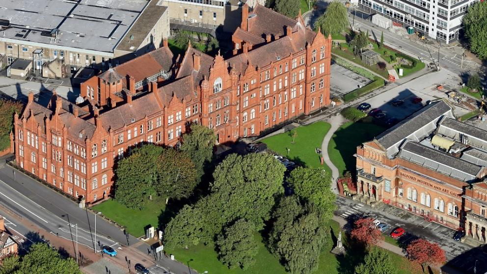 Aerial view of Peel Park campus with buildings and trees