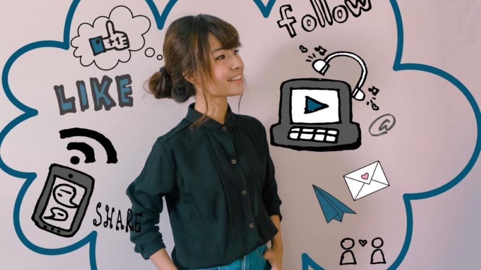 Person surrounded by graphics representing digital health