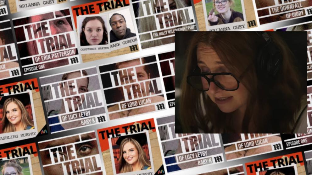 An image of podcast covers for The Trial next to Caroline Cheetham's face
