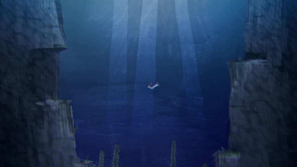 An animated character sinks into a deep blue ocean 