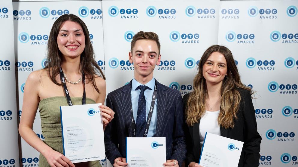 Eleanor Hayns, George Icke and Hannah Veness with their awards at the 2024 BJTC Awards