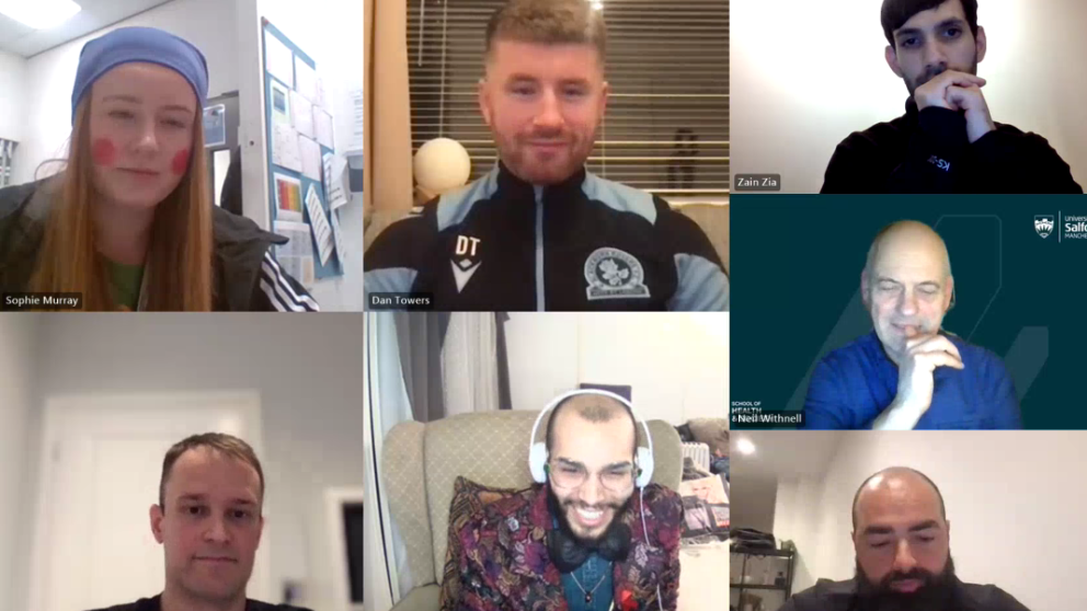 A collage of 7 alumni and University staff on a webinar