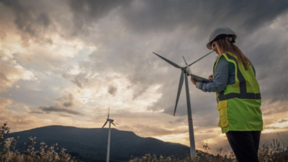 A female in a high visibility jacket and hard hat standing in front of a wind farm at dusk