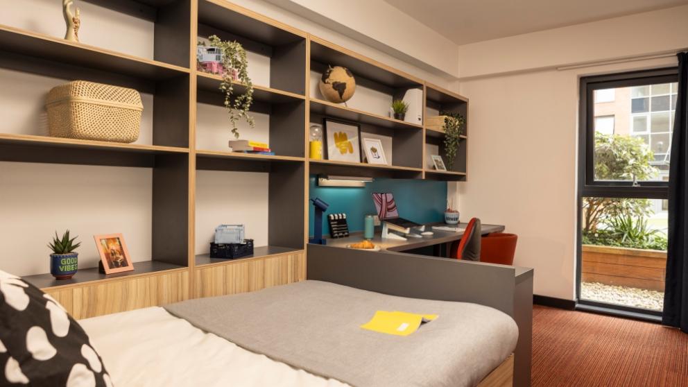 Gold room in Peel Park Quarter accommodation, University of Salford