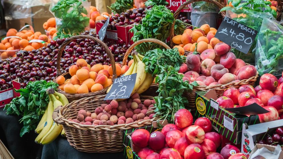 Fruit and vegetable stall at a UK food market