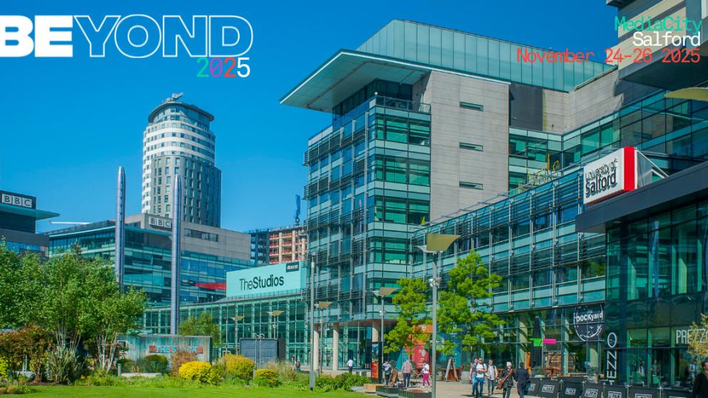 A recent image of MediaCity with the University of Salford's campus shown