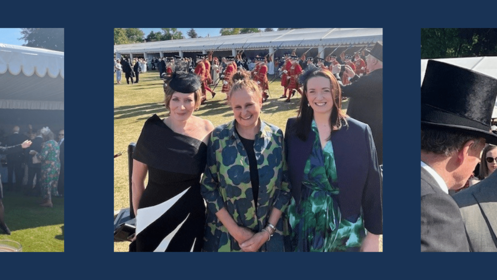 Image 1 - Lisa Scullion with cakes from the garden party Image 2 - All three colleague attendees in front of the marquee Image 3 - King Charles 3rd at the royal garden party