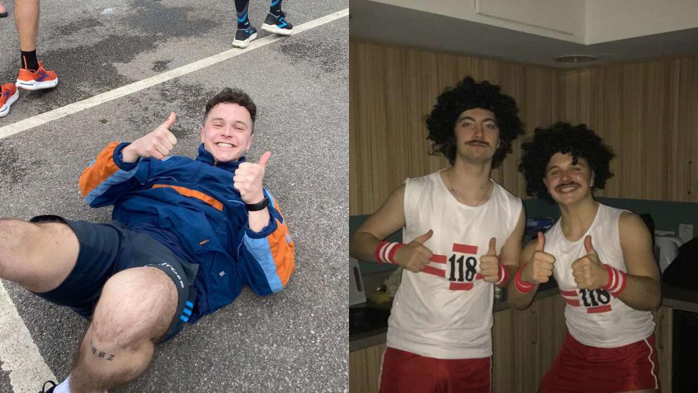 Two side by side images of a runner on the ground and top males wearing 118 shirts