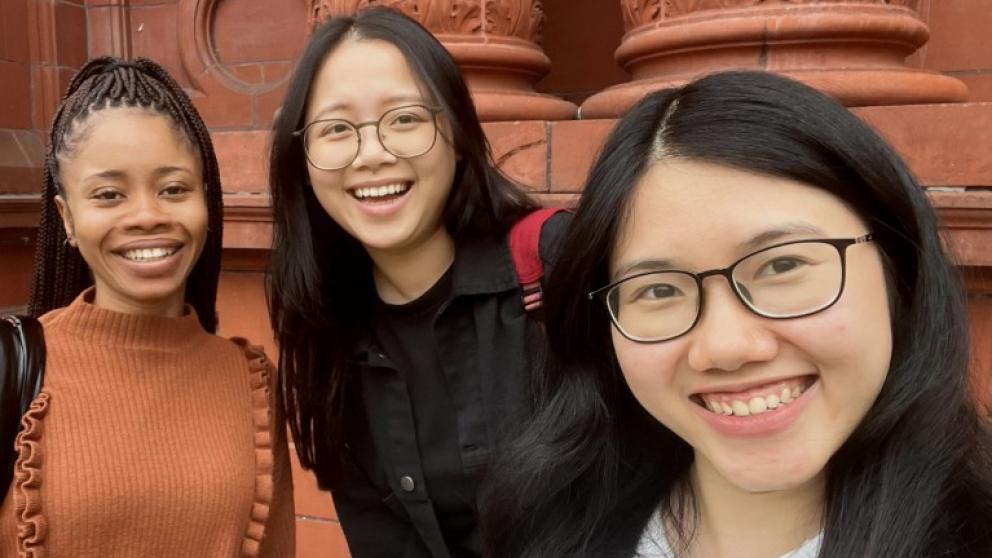Mindy and friends in front of Peel Building