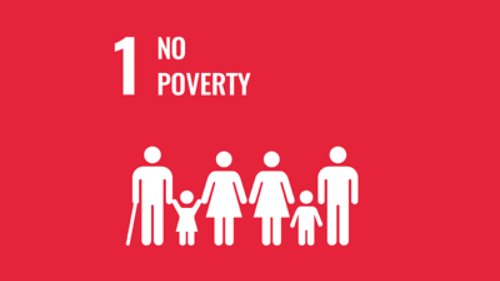 Illustration representing a group of people with text stating number 1 no poverty