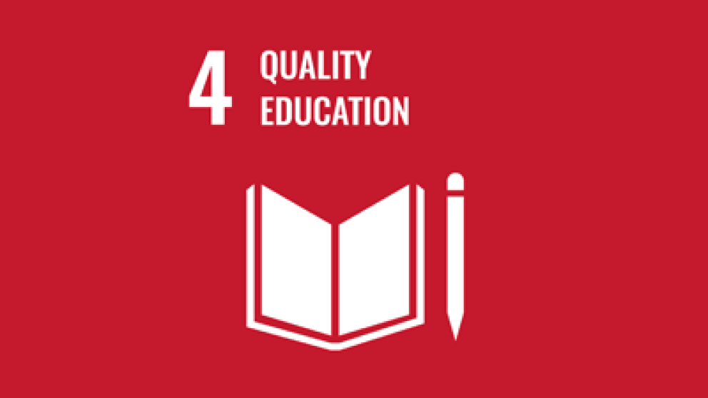 Illustration representing a book and pen with text stating number 4 quality education