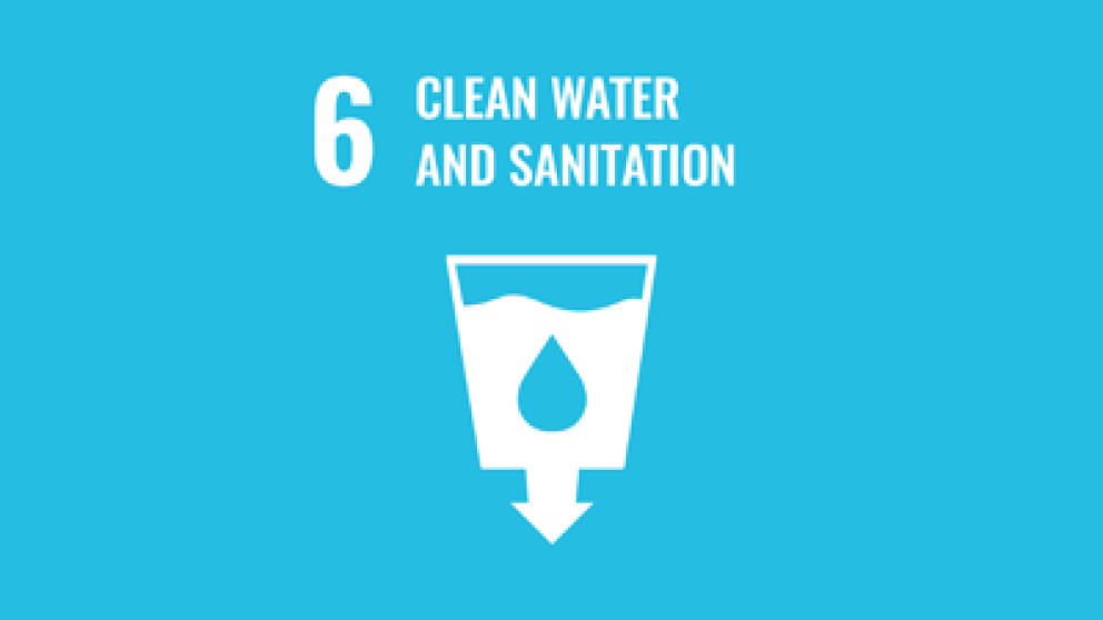 Illustration representing water flow in a container with text stating number 6 clean water and sanitation