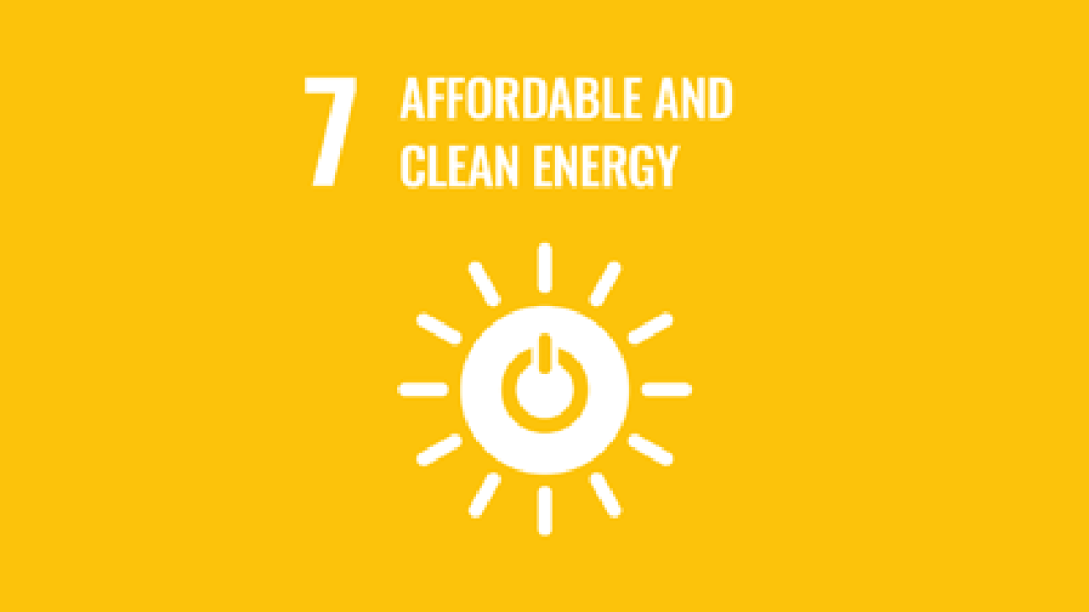 Illustration representing a dial on a sun with text stating number 7 affordable and clean energy