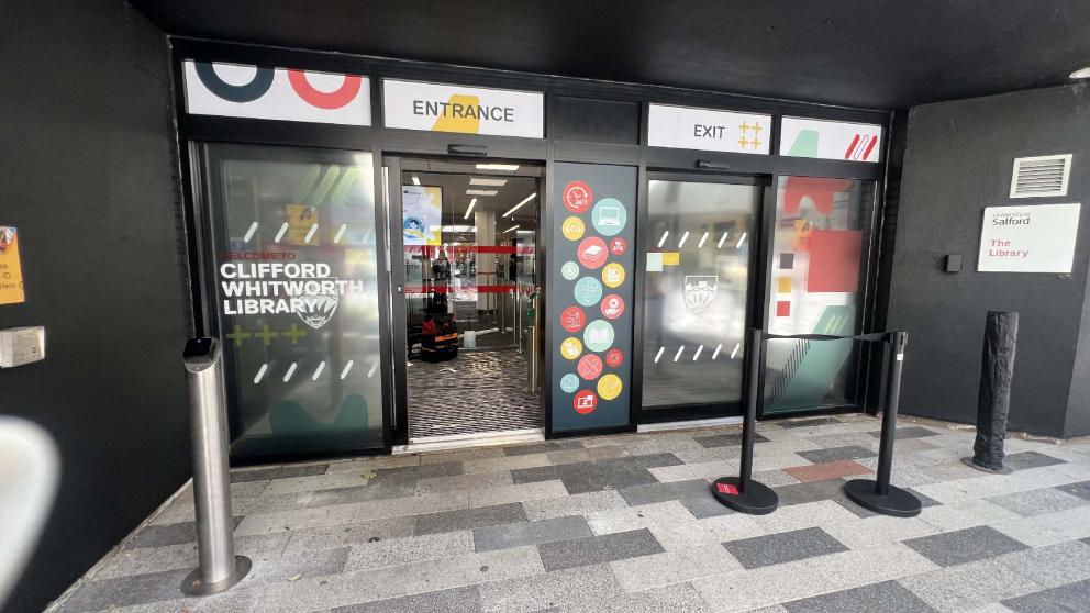 Clifford Whitworth Library front doors, University of Salford