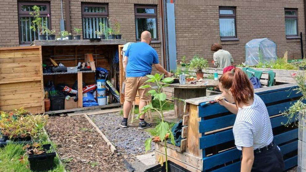 Volunteers helping in the Community Garden by paining benches and planting things.