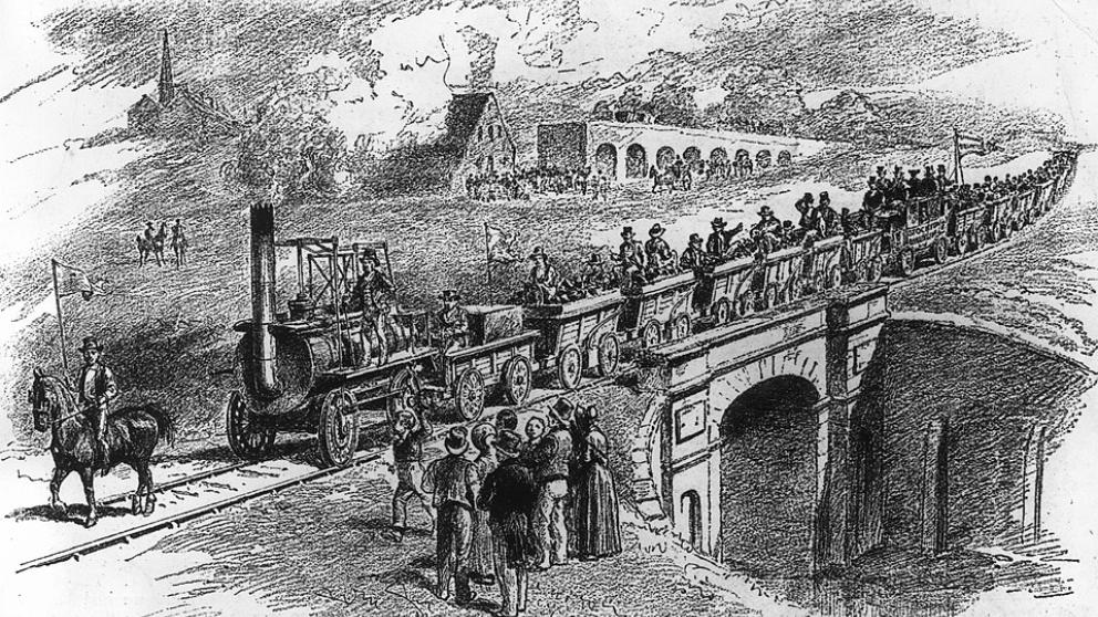 A black and white drawing of the Stockton and Darlington Railway