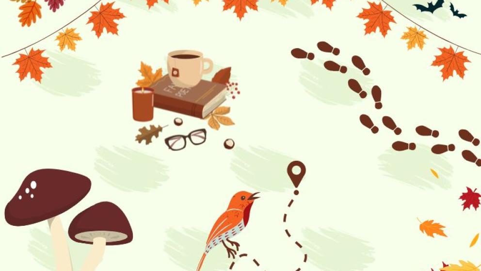 Autumn-related icons, including footprints, mushrooms, leaves, leaf piles, books, coffee, etc.