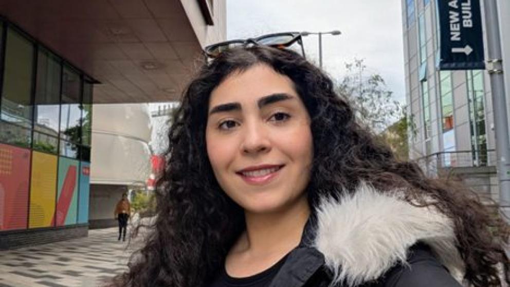 Fariba taking a selfie in Chapman Square on Peel Park campus