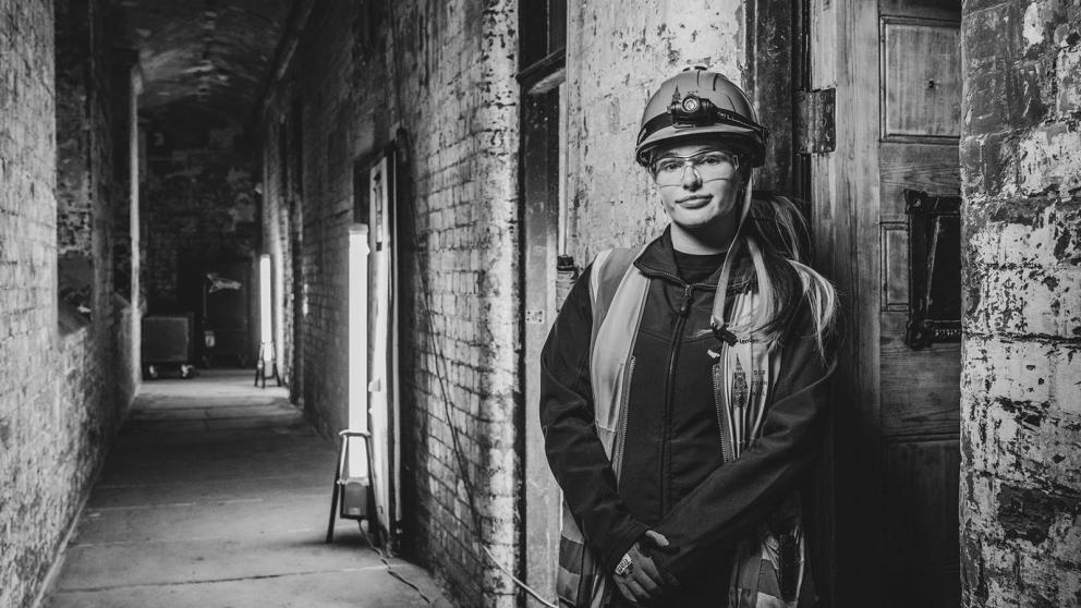 Leah Finch working on the restoration project of Manchester Town Hall