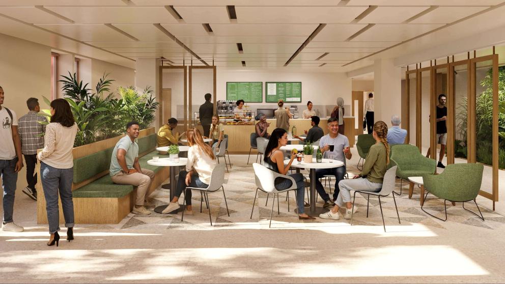 A CGI image of the cafe area in the new health and wellbeing building