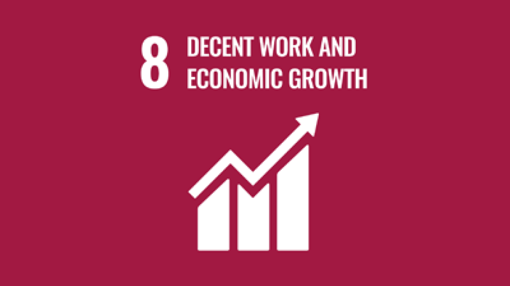 Illustration representing growth with text stating number 8 decent work and economic growth