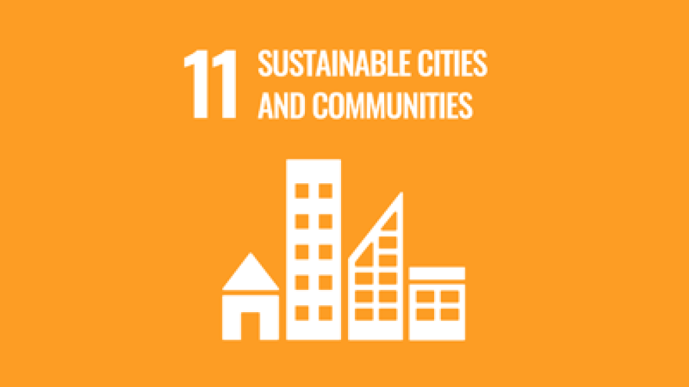 Illustration representing buildings with text stating number 11 sustainable cities and communities