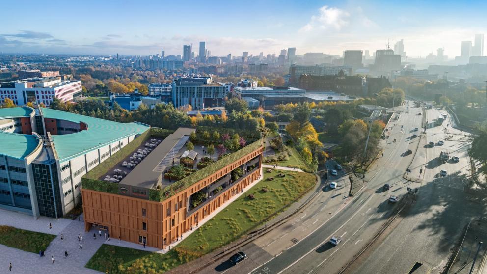 An artist's impression of an aerial view of the Thrive Health and Wellbeing Centre, University of Salford