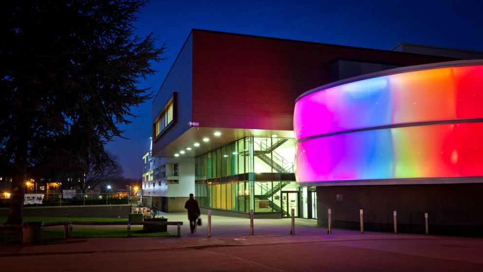 Rainbow lights on the Lady Hale Building, University of Salford