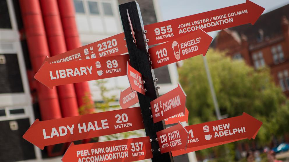 A red signpost showing destinations on Peel Park Campus, University of Salford