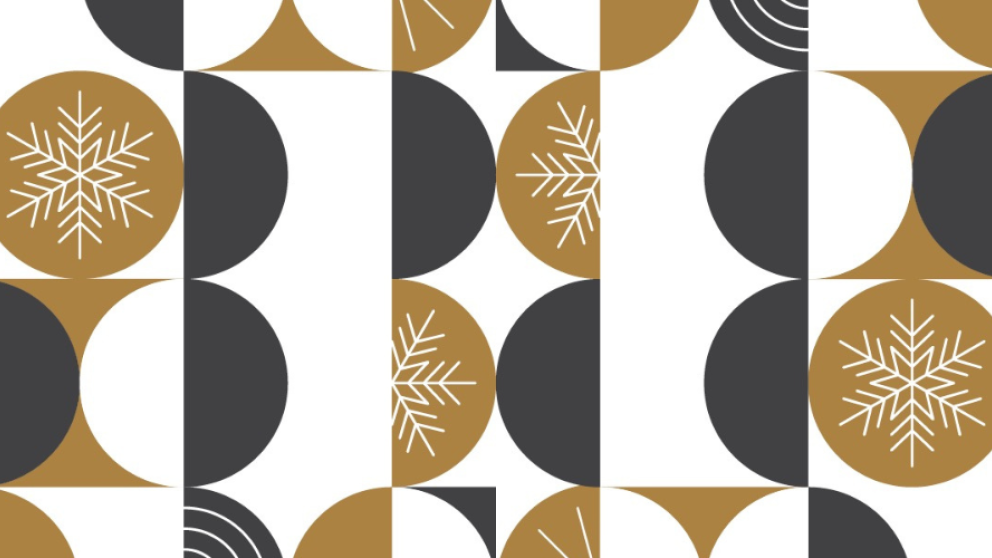 Illustration of stylized white snowflakes and starbursts are integrated into some of the gold circles