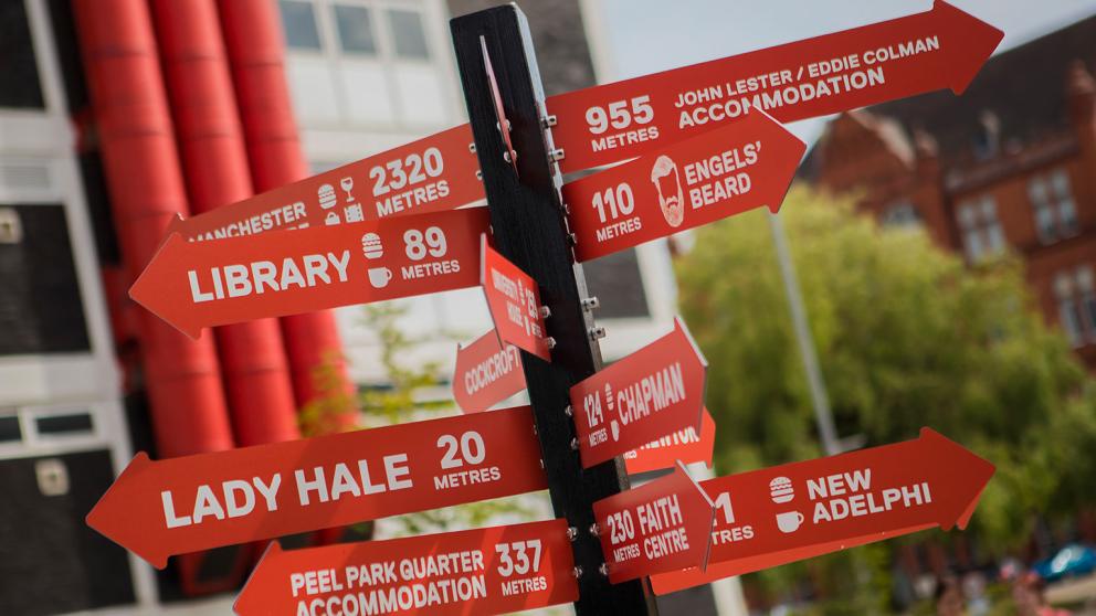 A red signpost showing destinations on Peel Park Campus, University of Salford