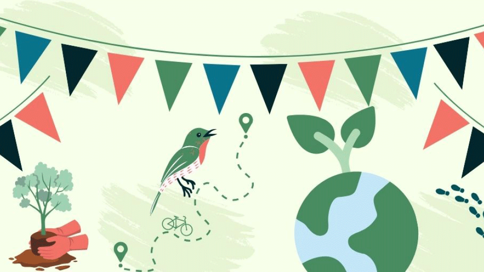 Go Green illustration representing environmental awareness and sustainability concepts, with silhouettes of bats, a frog, and a bird