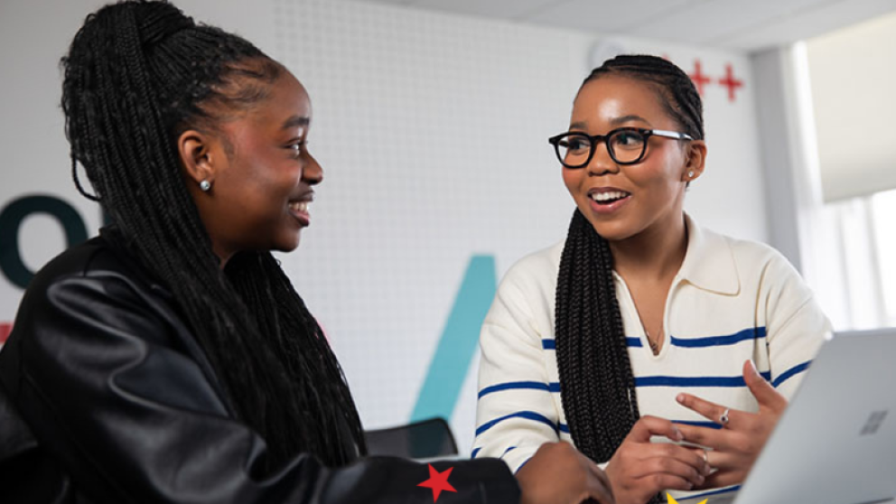 Students looking at online career resources